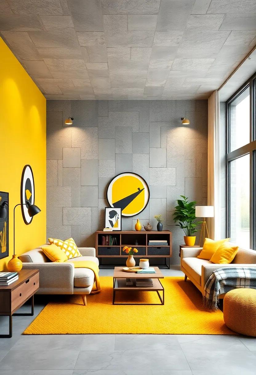 Yellow and Gray Combo: Pair bright yellow with soft gray tones for a modern, balanced look that keeps the room feeling sunny yet sophisticated