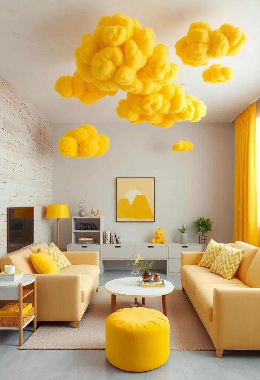 Yellow Cloud Décor: hang yellow cloud-shaped decorations from the ceiling to add a whimsical touch and make the room feel airy and light