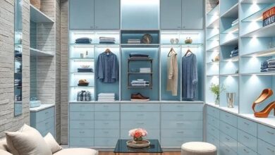 25 Luxurious High-End Walk-In Closet Ideas in Serene Pastel Blue and Silver