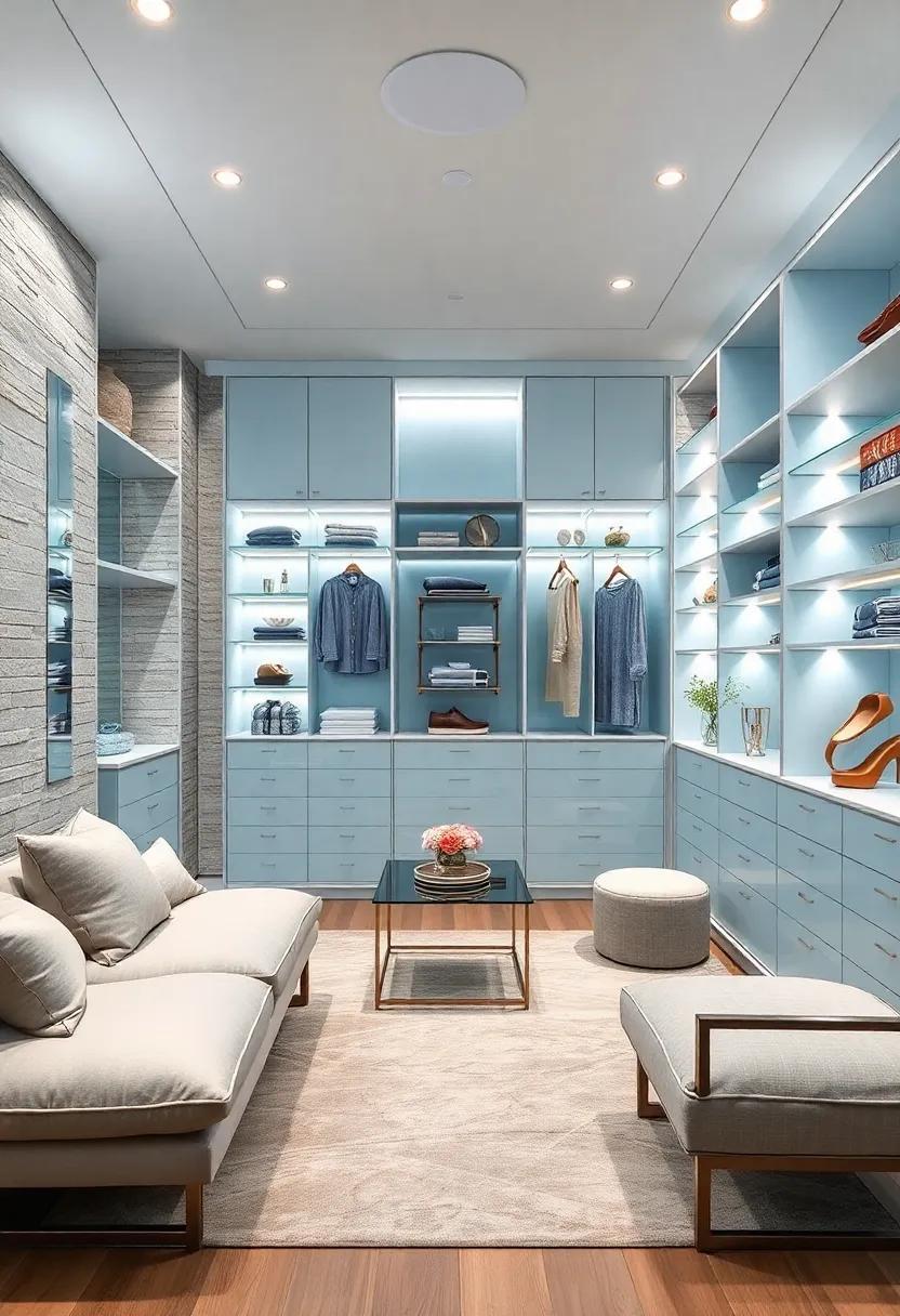25 Luxurious High-End Walk-In Closet Ideas in Serene Pastel Blue and Silver