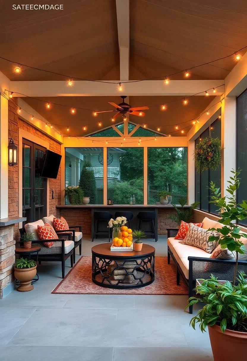 29 Charming Screened Porch Bars Adorned with String Lights for Cozy Gatherings
