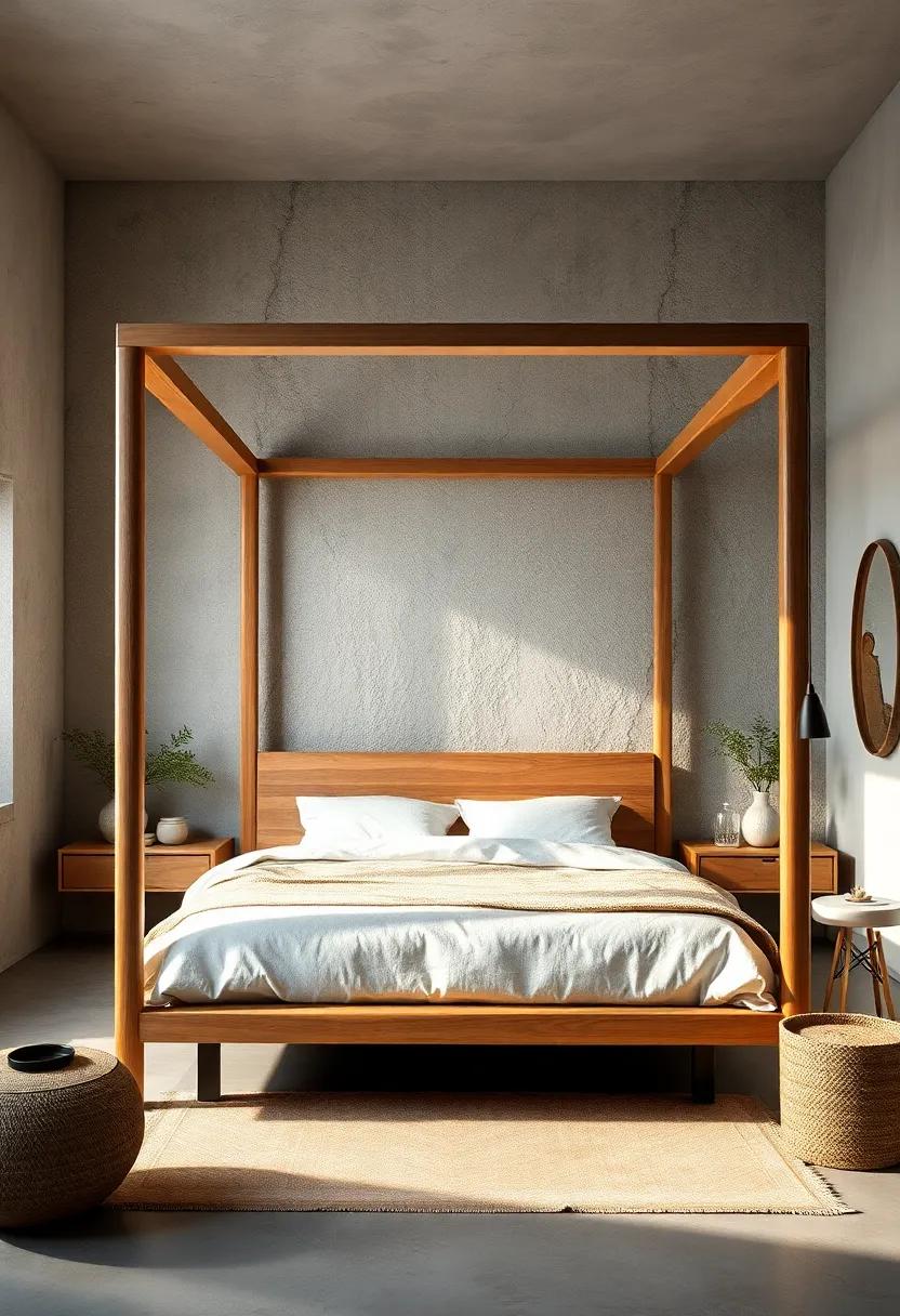 A modern sanctuary showcasing a⁤ wooden canopy ​bed that merges contemporary design with⁣ natural elements for a ‍tranquil ‍vibe