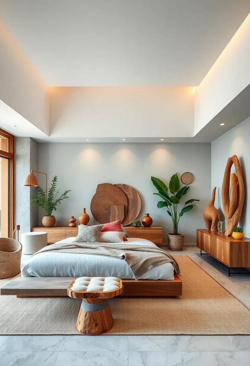 An artistic haven ​where wood sculptures serve as focal points,celebrating craftsmanship‌ and the beauty of nature within the bedroom