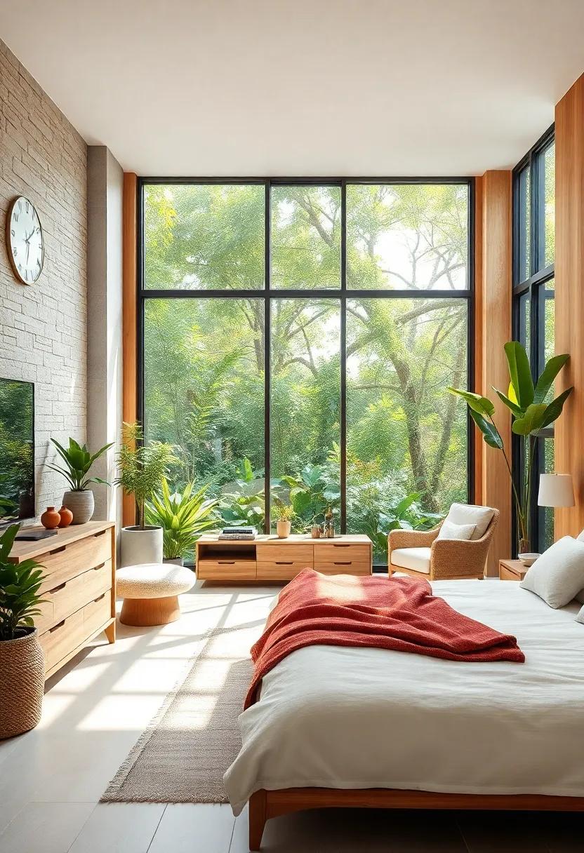An airy room ⁢featuring light​ oak furniture and large windows that open ⁣up to lush greenery, creating a‌ serene⁣ connection with​ the outdoors