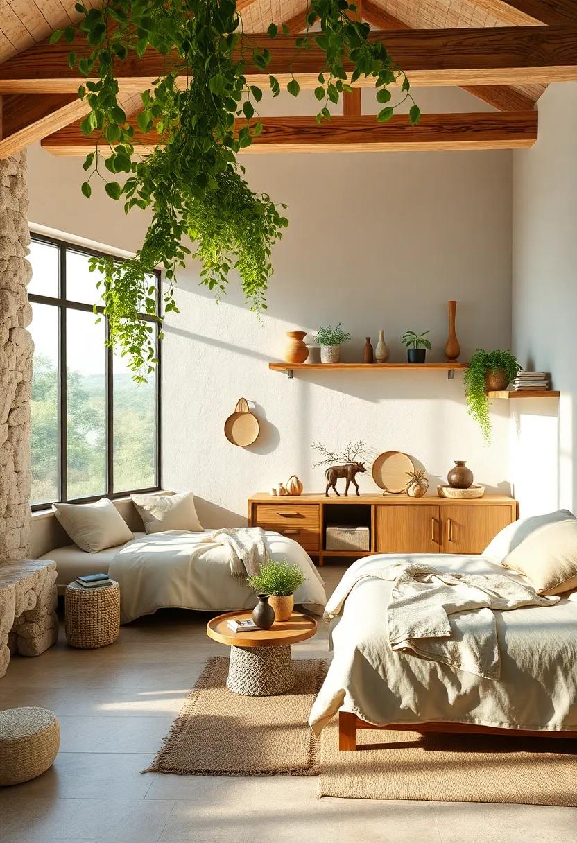 A​ bright and ⁢breezy room adorned⁢ with pine furnishings ‍and plants cascading from shelves, ⁢promoting a refreshing atmosphere reminiscent of a forest retreat