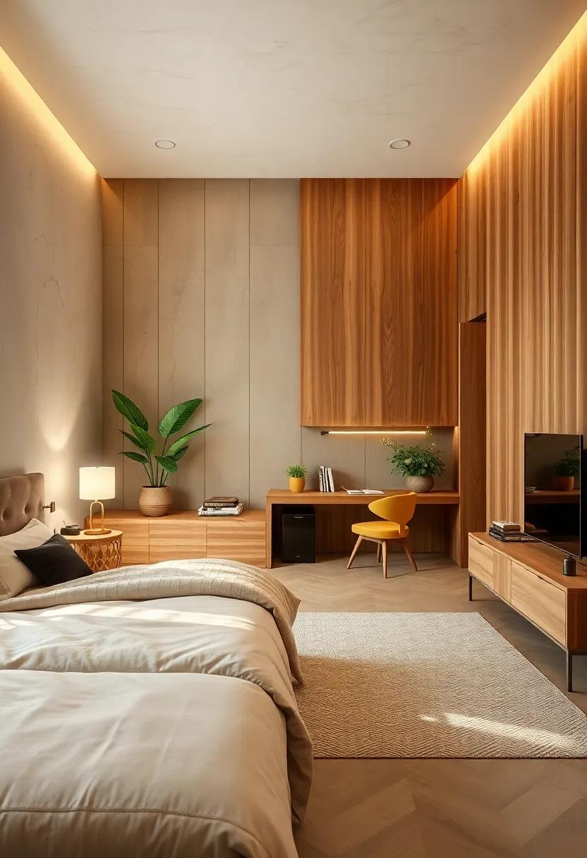 A dual-purpose space that features a home office nook crafted from natural wood, beautifully merging productivity with⁢ relaxation