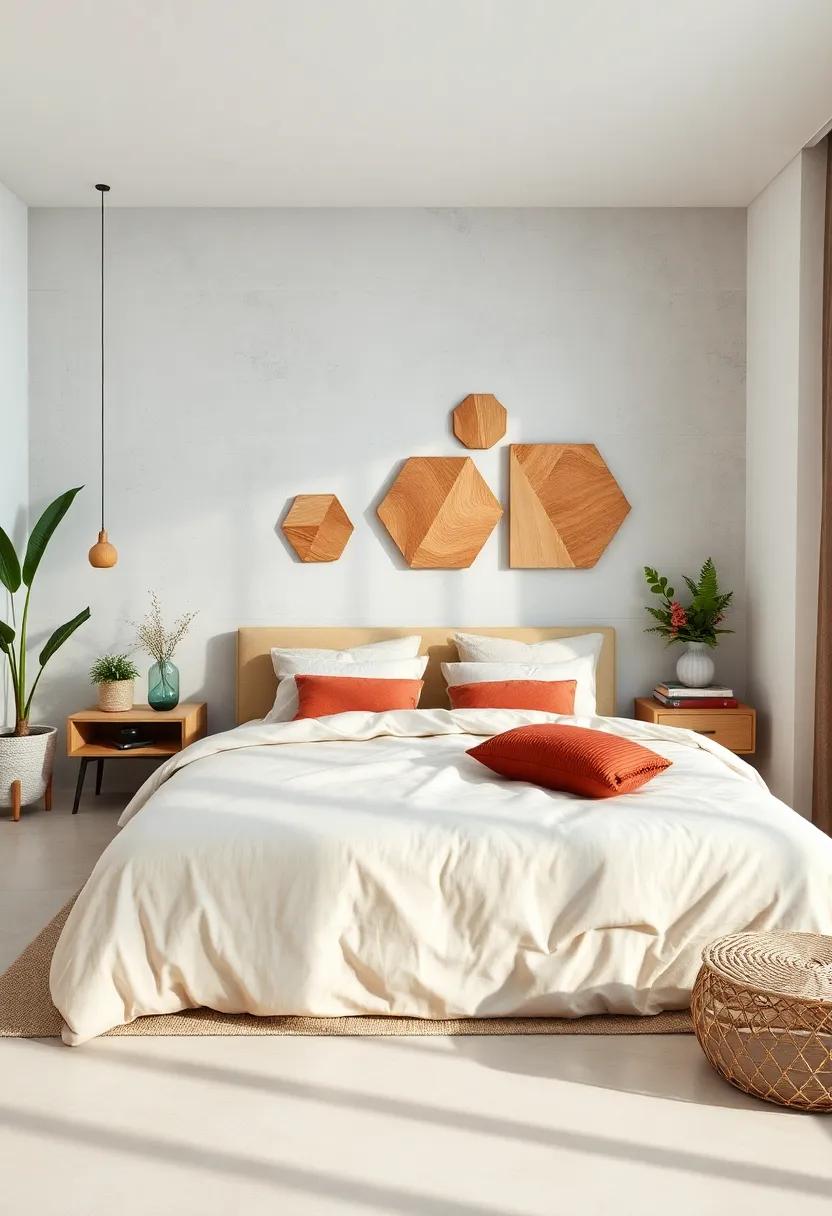 A contemporary bedroom adorned with wooden ‌geometric‌ art pieces that bring⁤ nature indoors, creating an inspiring atmosphere rich in creativity