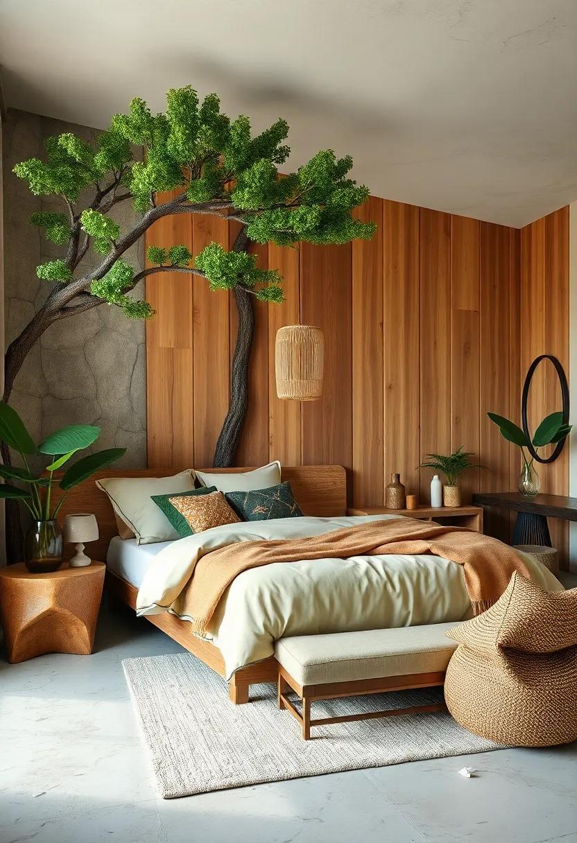A whimsical bedroom featuring tree-inspired decor ⁤and ‌wooden accent walls ⁢that⁢ create ⁣an earthy cocoon amidst vibrant colors