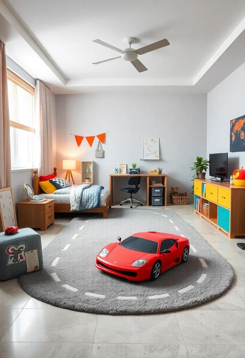 Car-shaped Rugs: ​Lay ‍down a soft⁤ area rug designed like a racetrack to encourage imaginative play⁤ while adding a​ cozy touch