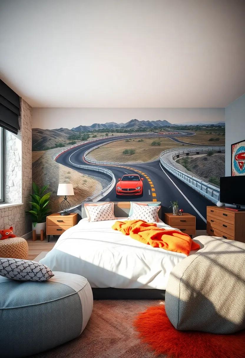 Revving Up the ​Walls: Paint a vibrant mural of a​ winding⁣ racetrack ⁤or a scenic‌ highway to set the tone ​for the room