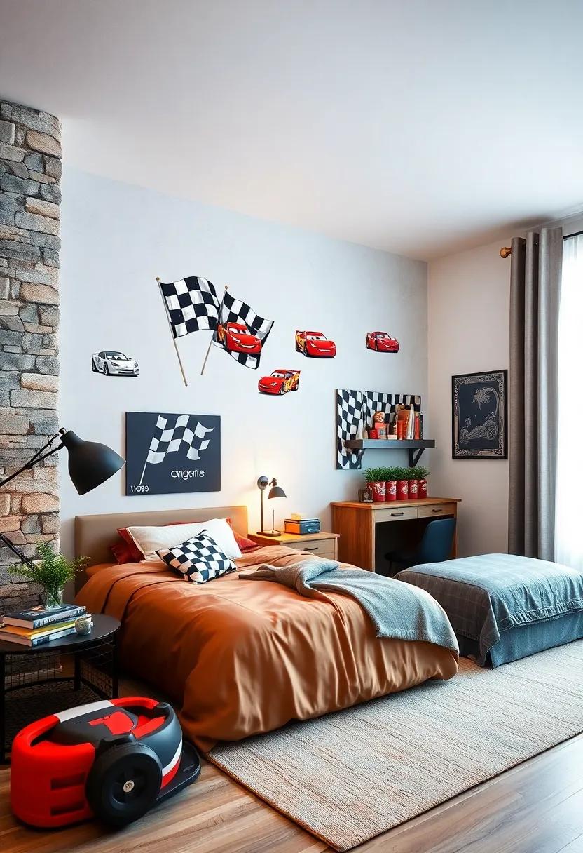 Wall Stickers: Use removable wall decals featuring cars, racing flags, ​and checkered patterns to easily refresh the room’s look