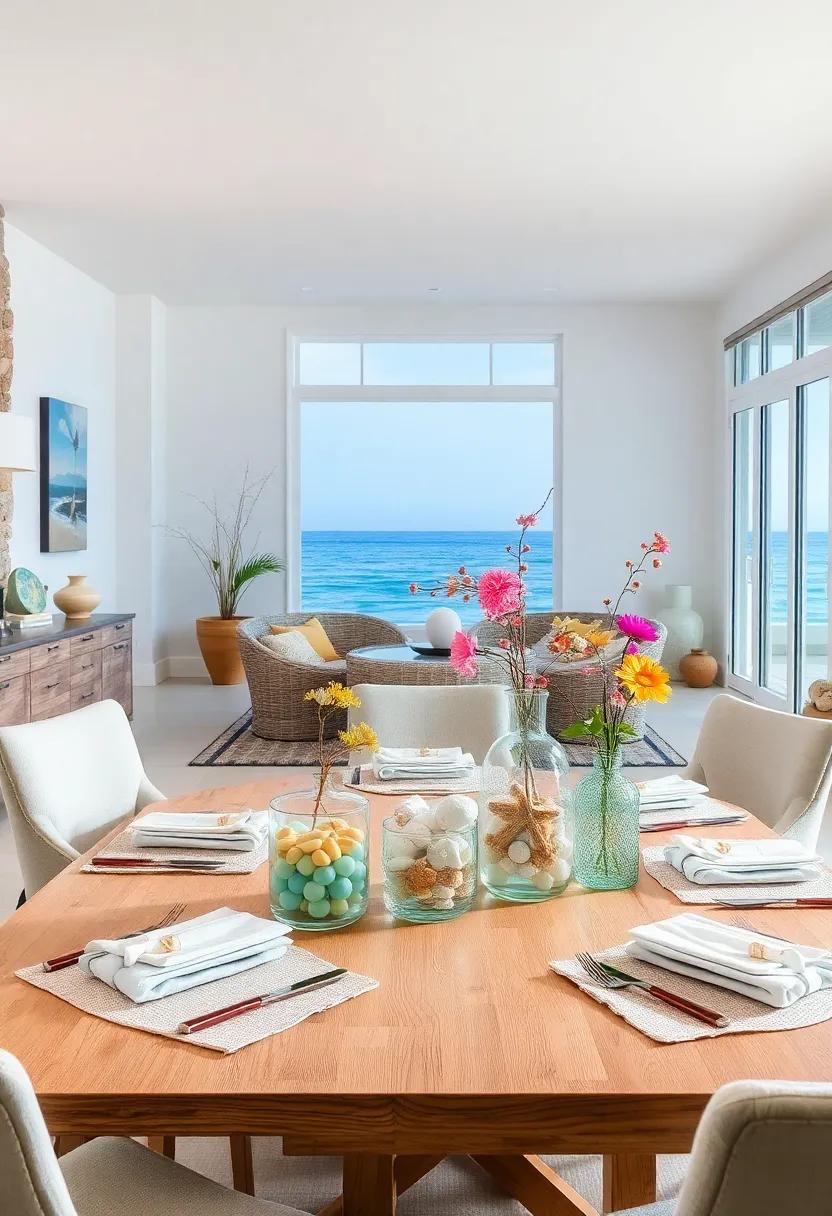 Sea Glass Centerpieces: Use sea glass vases filled with fresh flowers or sand for an elegant yet relaxed table centerpiece