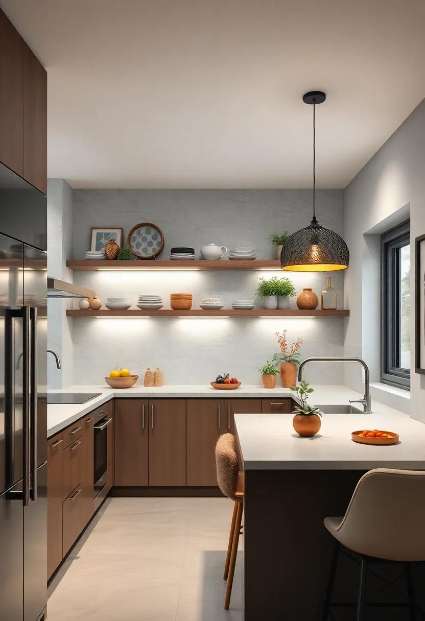 Illuminate Open Shelving: Install lighting above open shelves to highlight your dishware or decorative items while enhancing the room's overall brightness