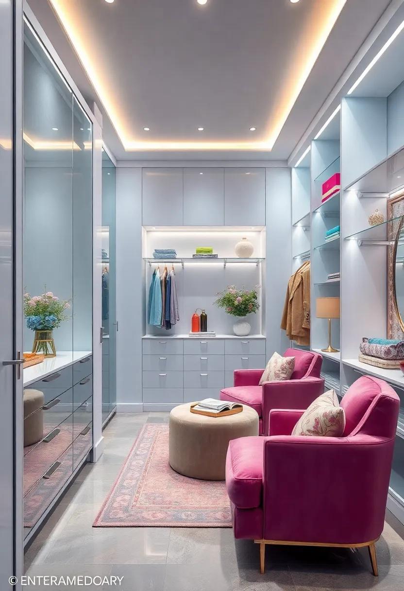 Embrace tranquility with soft pastel blue walls,complemented by silver metallic accents that create an ethereal atmosphere in your walk-in closet