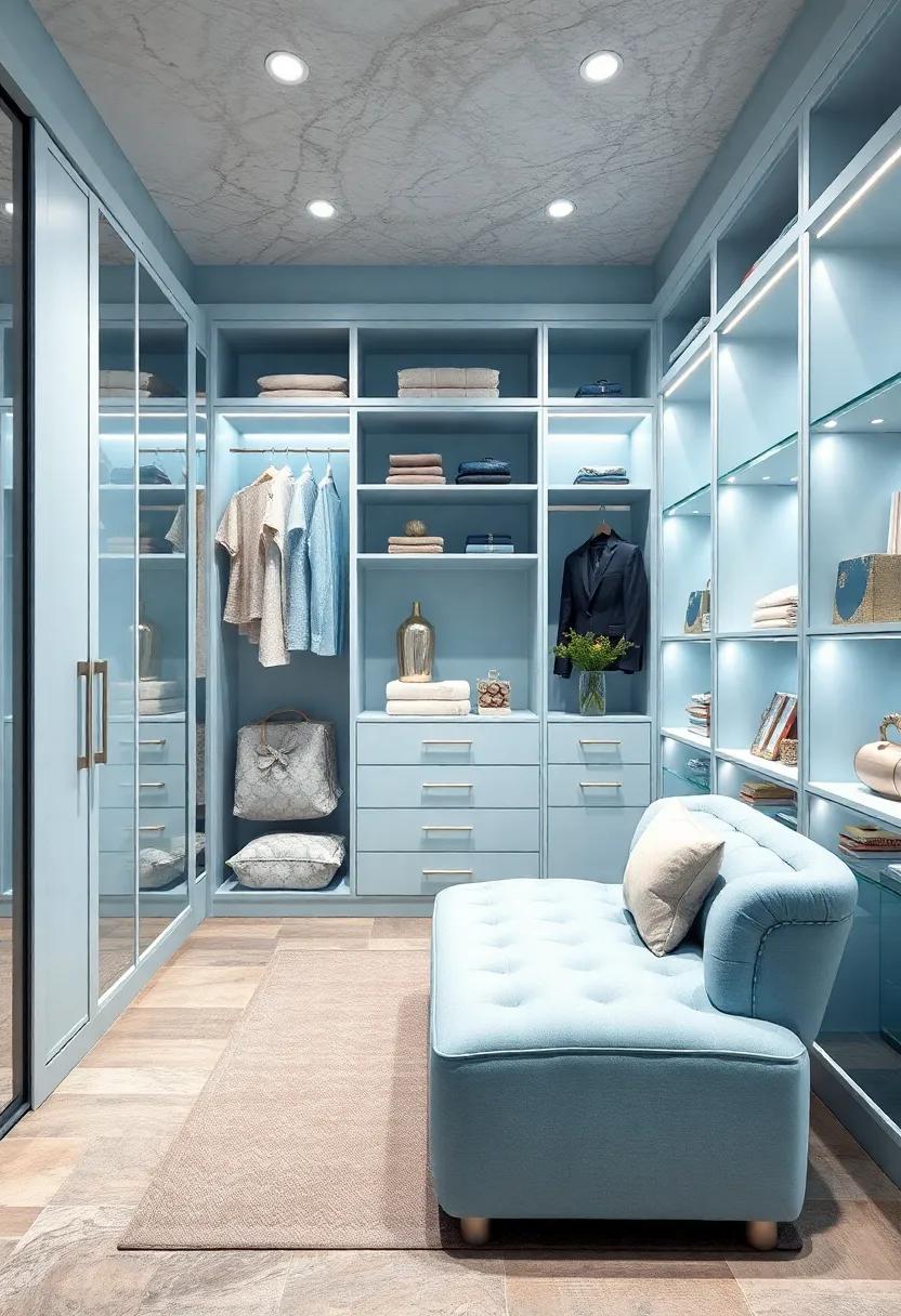 Invest in a luxurious pastel blue chaise lounge or ottoman, creating a chic spot for fitting sessions in your exquisite closet space
