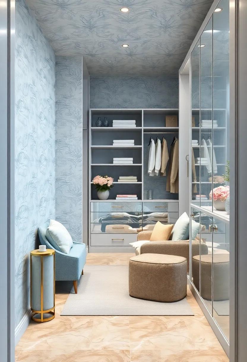 Use elegant pastel blue wallpaper with subtle patterns for an exquisite backdrop that adds visual interest without overwhelming the space