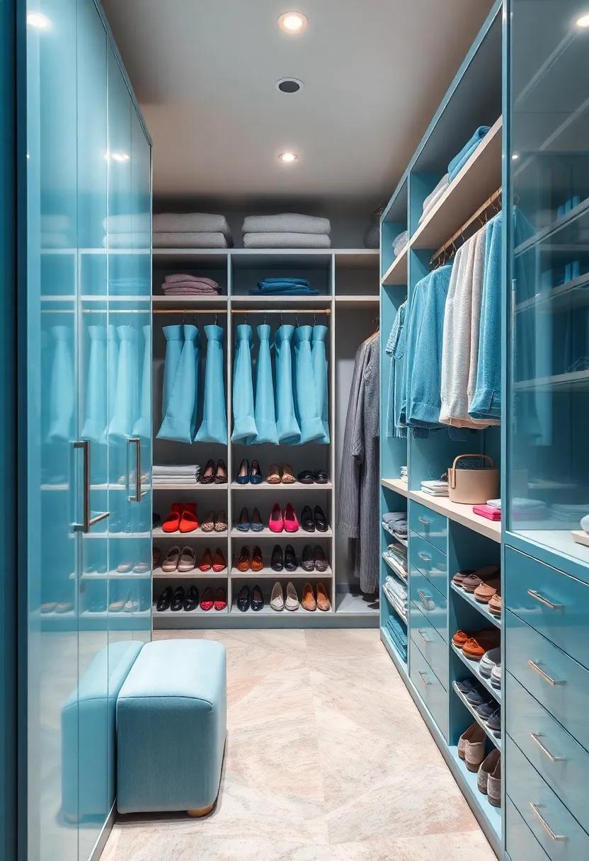 Use pastel blue hanging organizers to keep shoes neatly displayed, while the silver accents provide a polished finish to the overall look