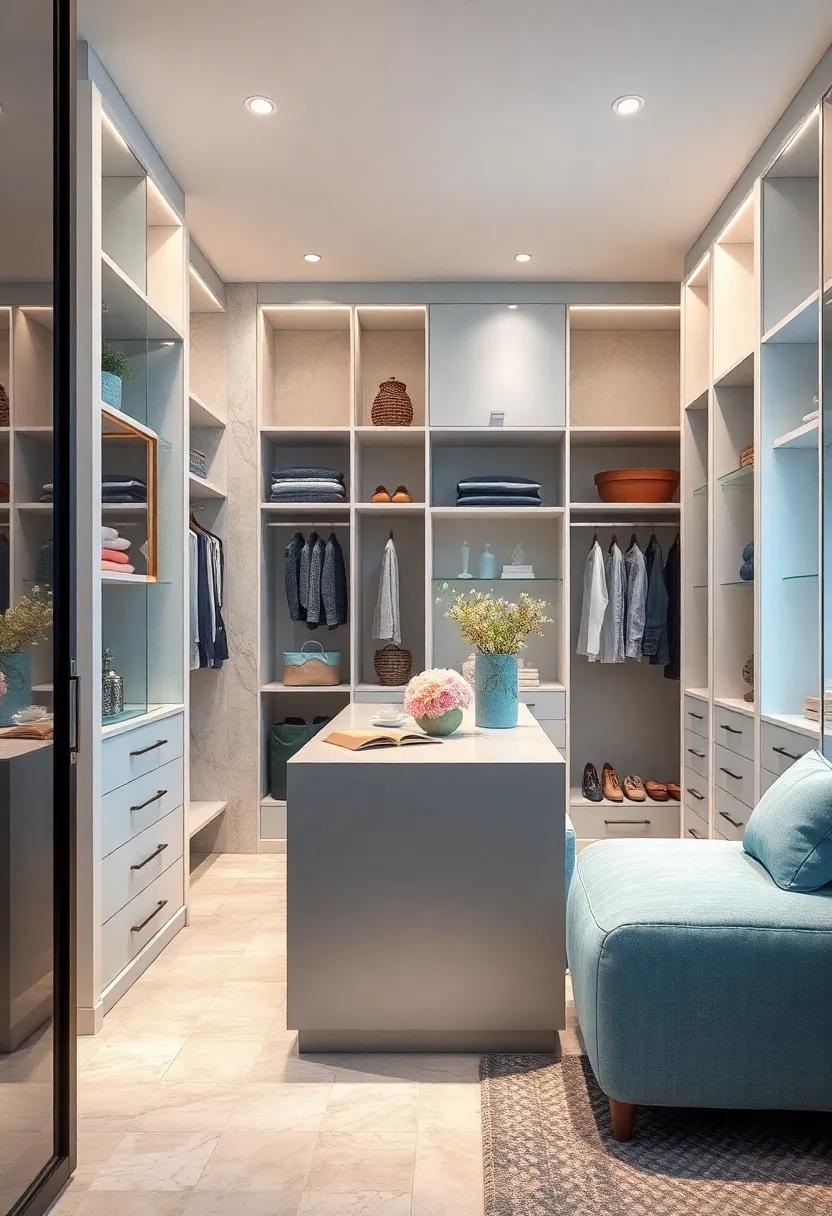 Integrate an island in the center of your closet, finished in silver with pastel blue accents, providing additional space for accessories and styling