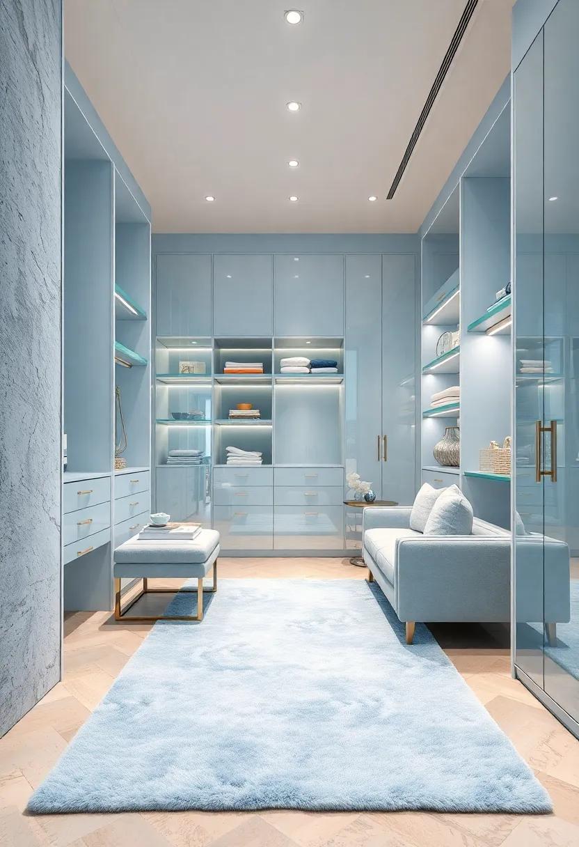 Incorporate a plush,light blue area rug to add warmth underfoot while matching your serene theme and enhancing comfort