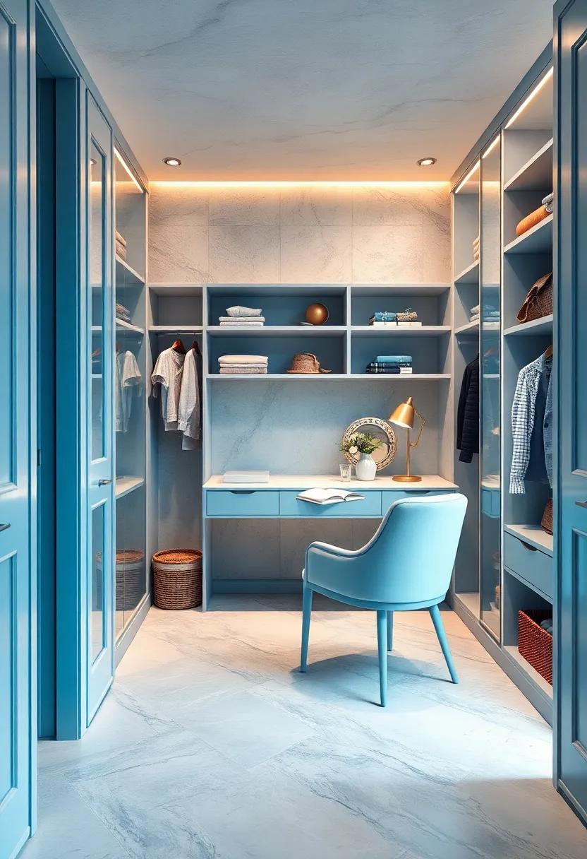 Create a serene display of pastel blue soft furnishings, such as lined drawers and cushioned seating, for a cozy corner where you can relax