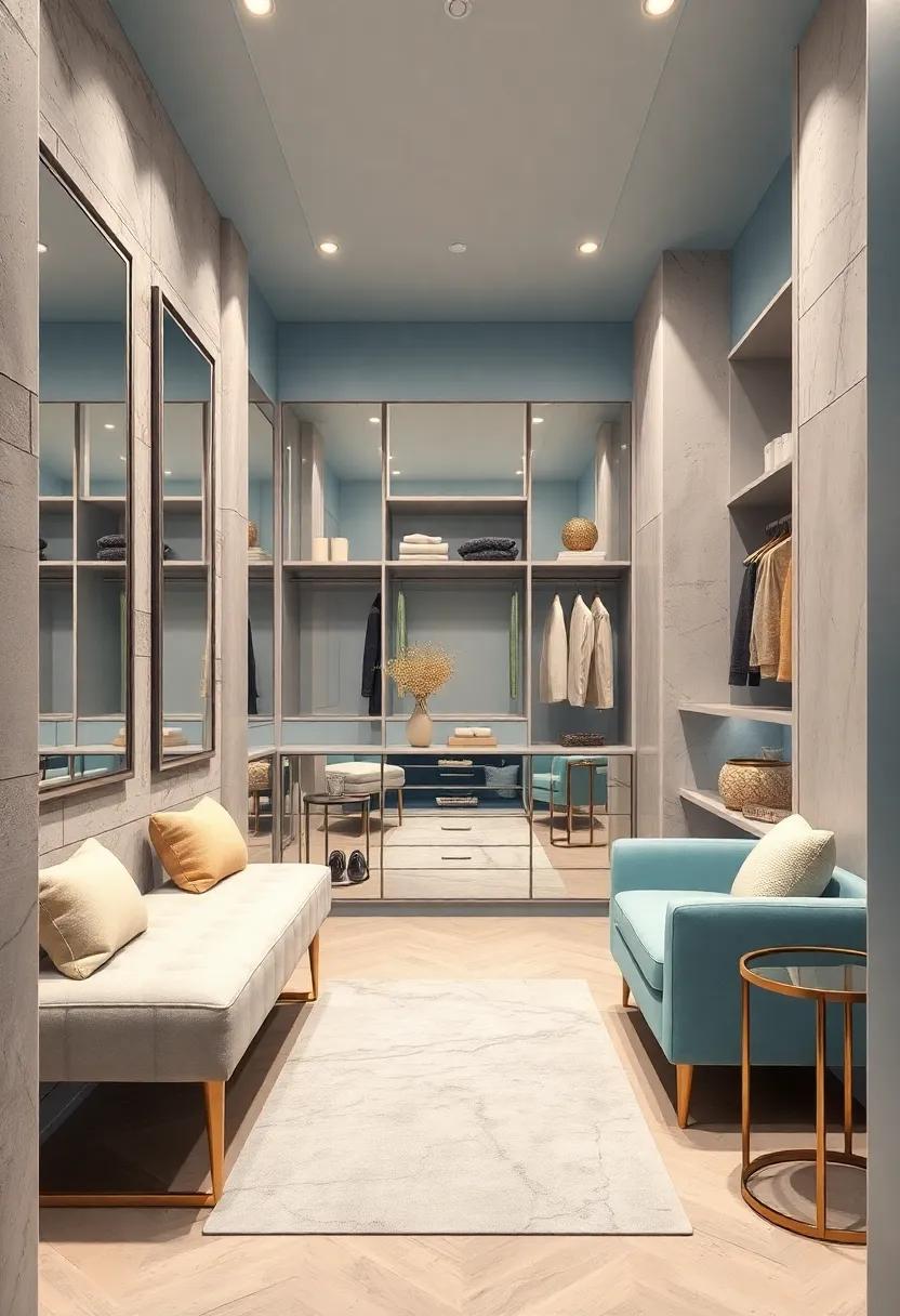 Include large, framed mirrors with silver trim to enhance light and space, making your walk-in closet feel even more expansive