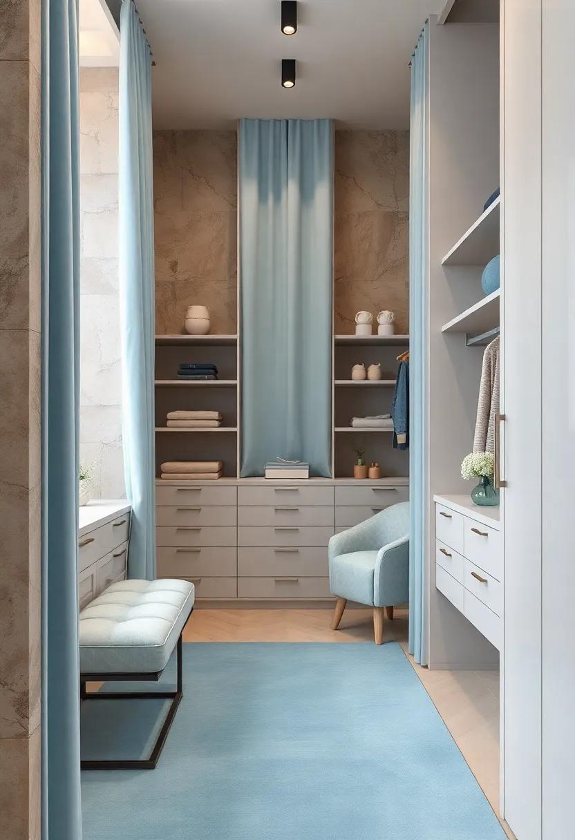 Mix textures by incorporating velvet fabric in pastel blue for curtains or drapery, introducing softness and luxury into your closet