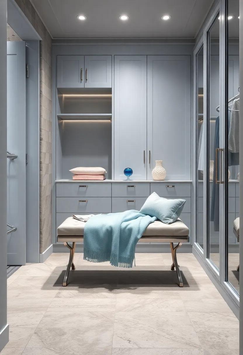 Finish the luxurious vibe with a beautiful pastel blue throw blanket artfully draped over a silver-accented bench, blending comfort with high-end design