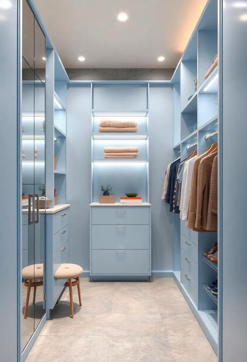 Decorate the space with stylish silver hooks for hanging accessories, bringing both function and flair to your closet design