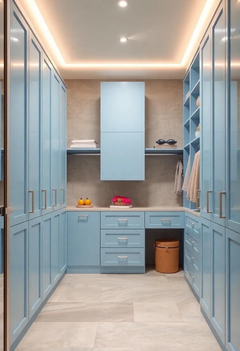 Choose a combination of open and closed storage units, with pastel blue doors and silver hardware for a harmonious mix of practicality and style