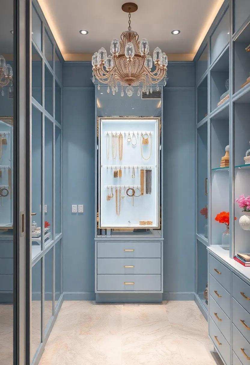 Integrate a stunning silver jewelry display case that stands out against pastel blue, transforming your adornments into a focal point