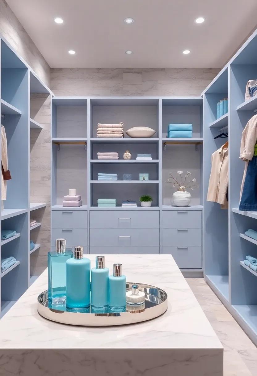 Create a fragrance station with pastel blue bottles and silver trays, turning your closet into a sensory haven filled with your favorite scents