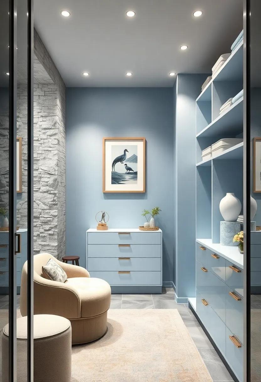 Add a delicate pastel blue accent wall adorned with tasteful artwork or framed accessories, turning your closet into a personal gallery