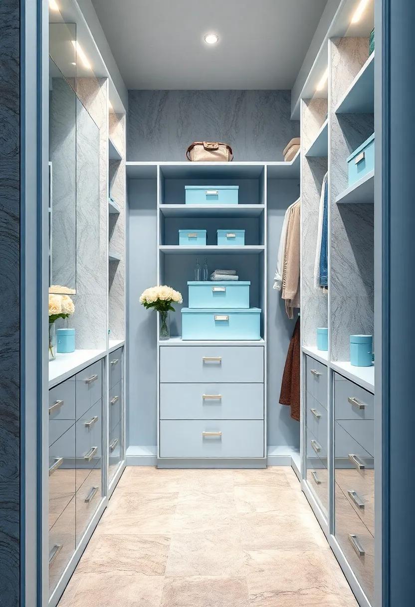 Personalize your closet with elegant pastel blue storage boxes, neatly organizing items while enhancing the cohesive color palette