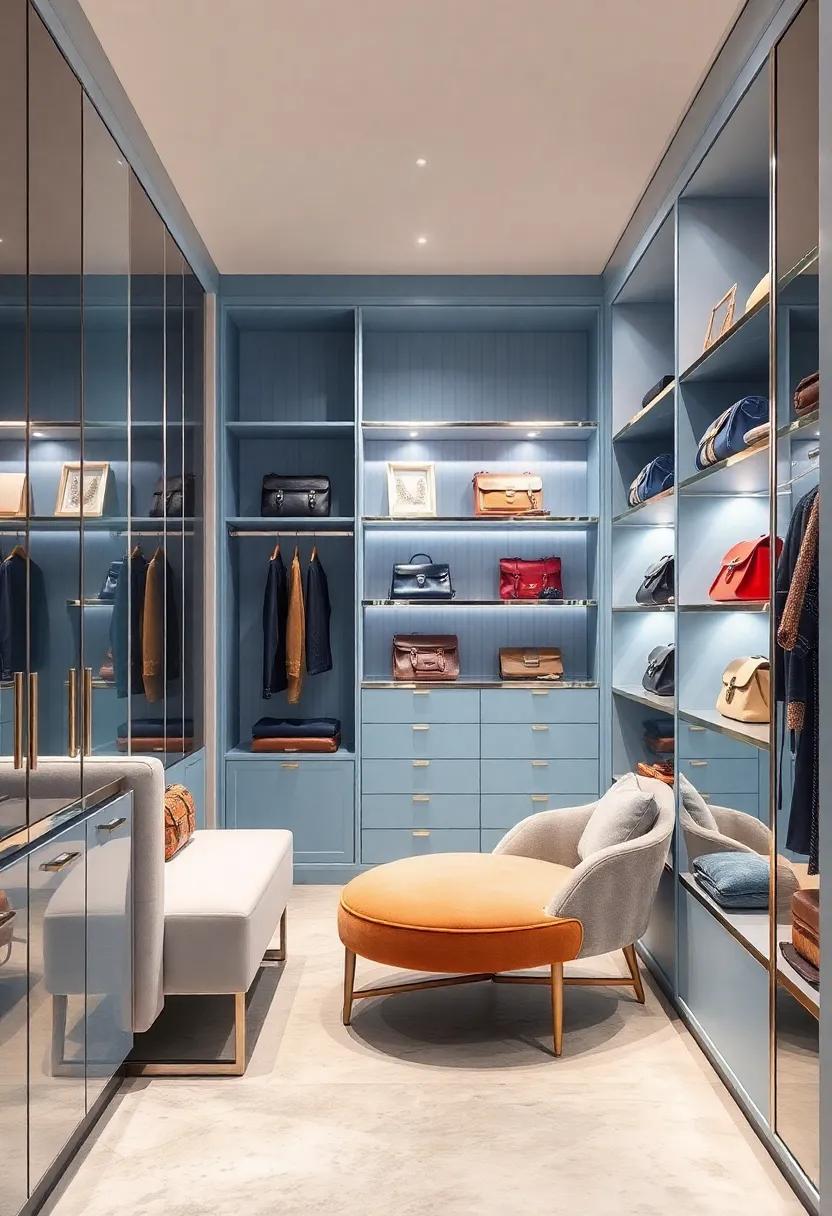 Install built-in shelving in a sleek silver finish, providing both storage and visual appeal, perfect for displaying designer bags and shoes