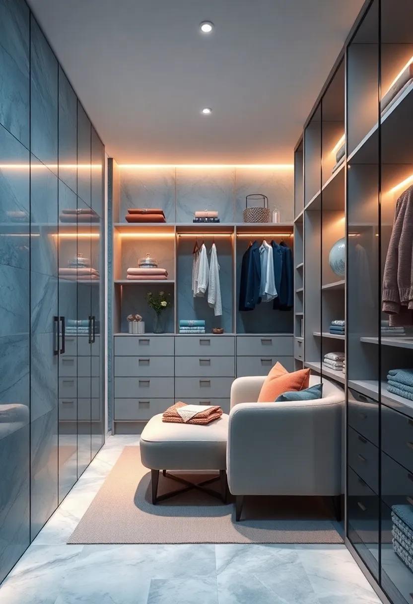 Opt for soft ambient lighting with hidden LED strips in silver tones, casting a dreamy glow over your luxurious closet space