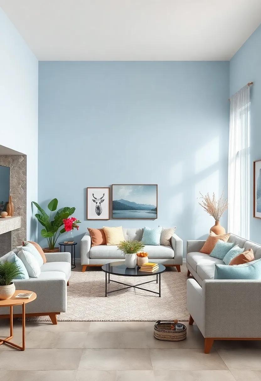 Soft Sky: A‌ gentle light blue that mimics a clear day, ‌perfect for creating a serene atmosphere in your living room