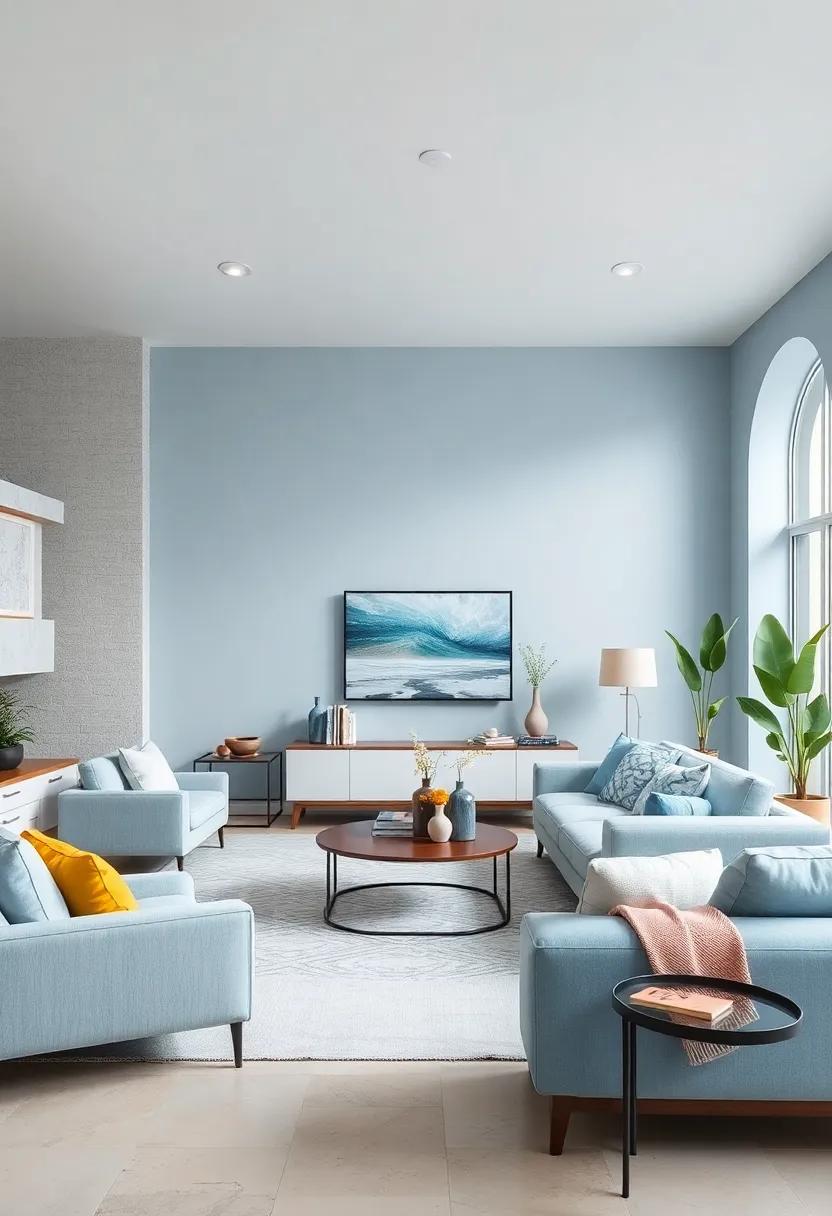 Serene Lagoon: A slightly muted blue that brings a tranquil​ essence to your living room, ⁢perfect for a relaxing retreat