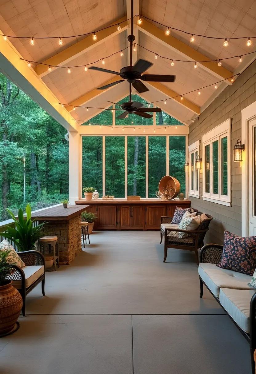 The ‌Rustic ⁣Retreat: Nestled in the woods, this ⁣screened porch bar features reclaimed wood counters‍ and a twinkling canopy of vintage string lights‍ that casts a warm glow ⁤over cozy gatherings