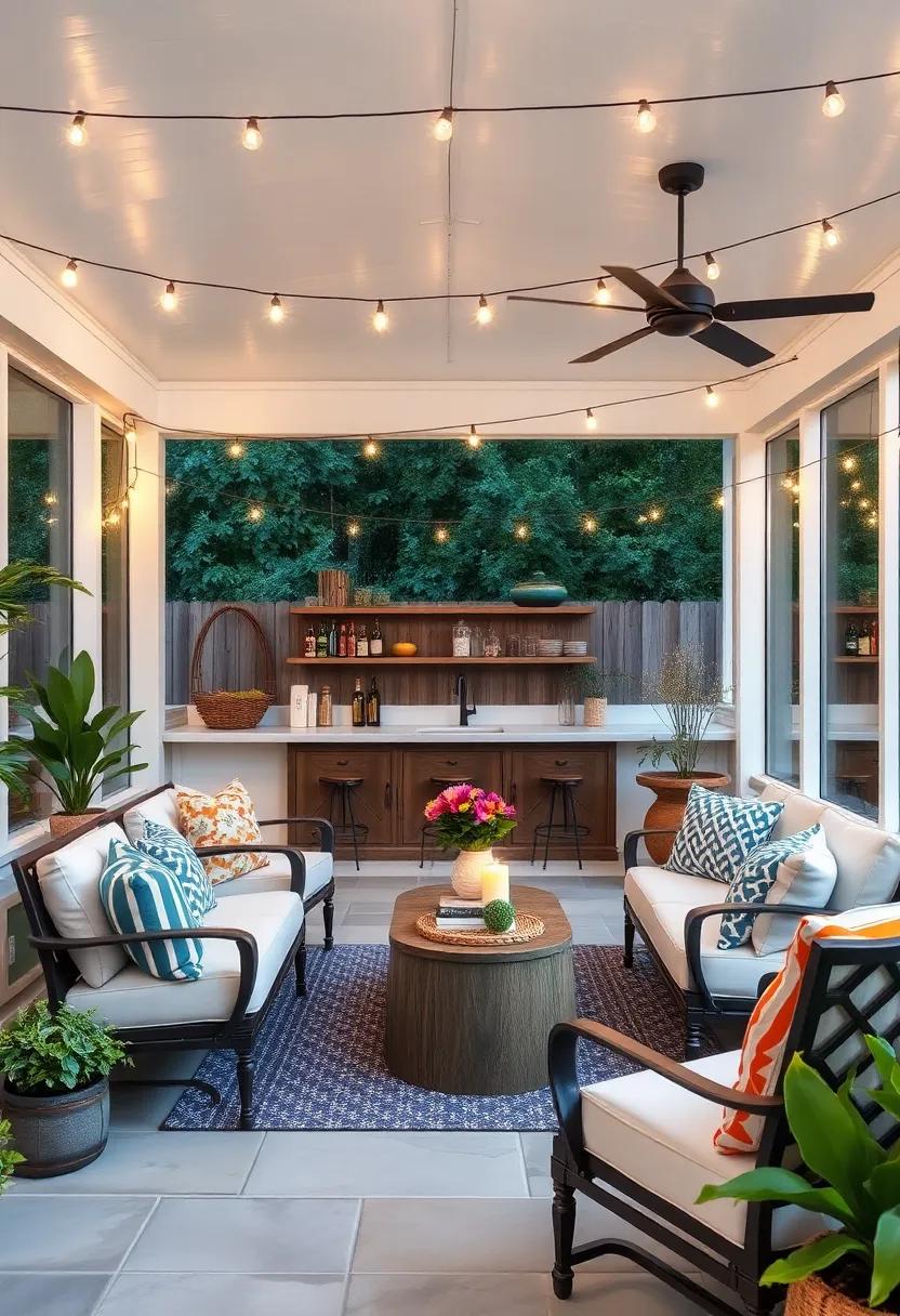 Farmhouse Charm: A classic ‍farmhouse⁤ screened porch ‍bar showcases a mix ‌of modern and⁤ vintage elements, with rustic ‍furniture under gentle string ‍lights, making every gathering feel​ like a⁤ slice‍ of home