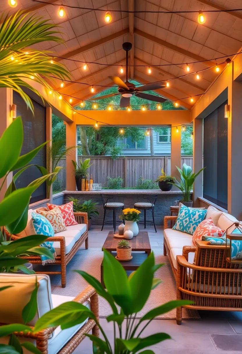 Tropical Getaway: Evoking a paradise ​vibe,​ this ‌tropical-inspired porch bar is accessorized with‌ lush‍ greenery and⁤ vibrant string⁤ lights that sway softly, setting the stage ⁢for laid-back evenings