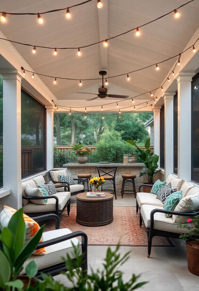 Serene‌ Sanctuary: With calming colors ​and soft ⁢furnishings, this ⁤serene porch ⁢bar invites relaxation and ‌self-care,‍ emphasized⁢ by ⁢gentle string ​lights creating a peaceful atmosphere perfect ⁤for unwinding