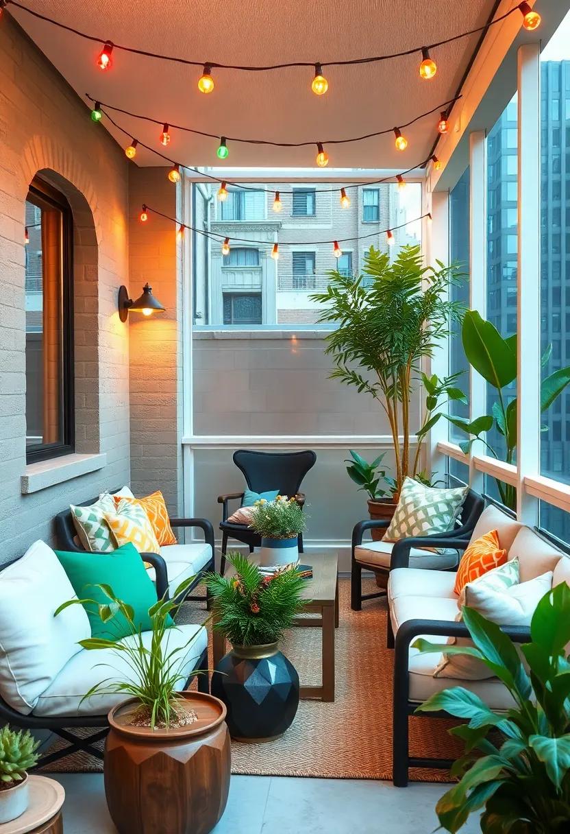 Urban Oasis: This ​chic⁣ city apartment has transformed a modest balcony‍ into a lively screened porch bar, adorned ⁤with‍ playful, colorful⁣ string lights that⁤ create an inviting escape from the concrete ⁤jungle