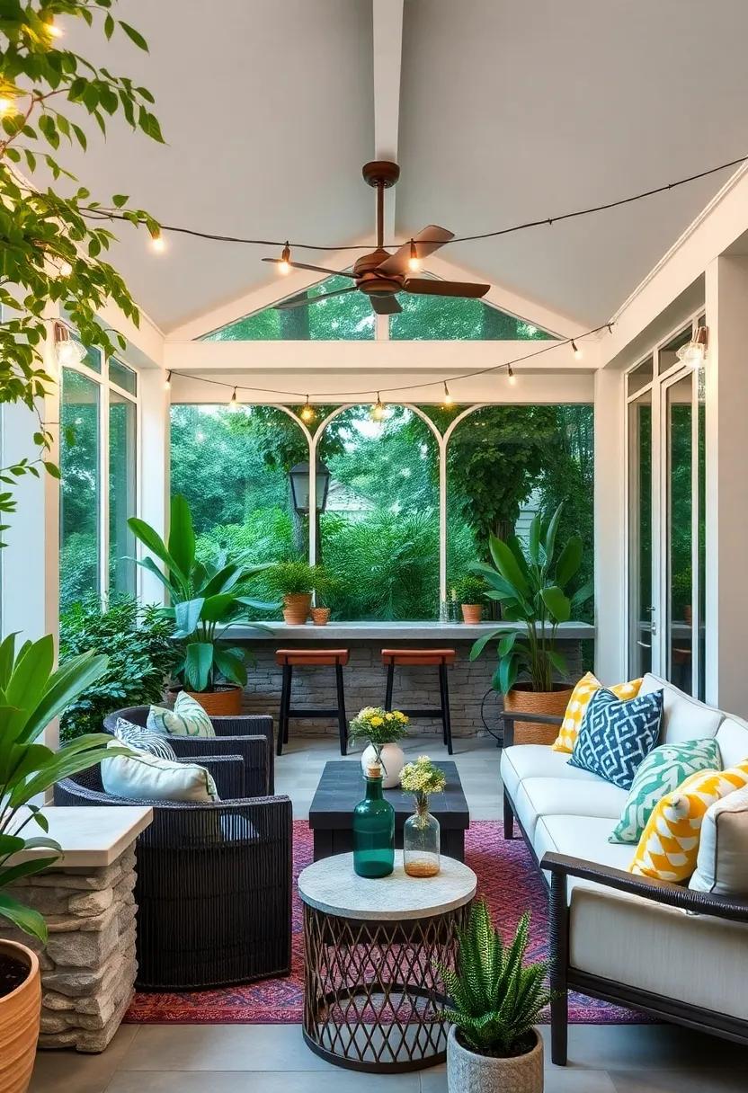 Garden Escape: This lush garden screened porch bar beautifully integrates nature, with greenery ‍framing ‍the cozy‌ space and ⁣twinkling ⁢string⁣ lights ⁣illuminating ⁢casual summer nights