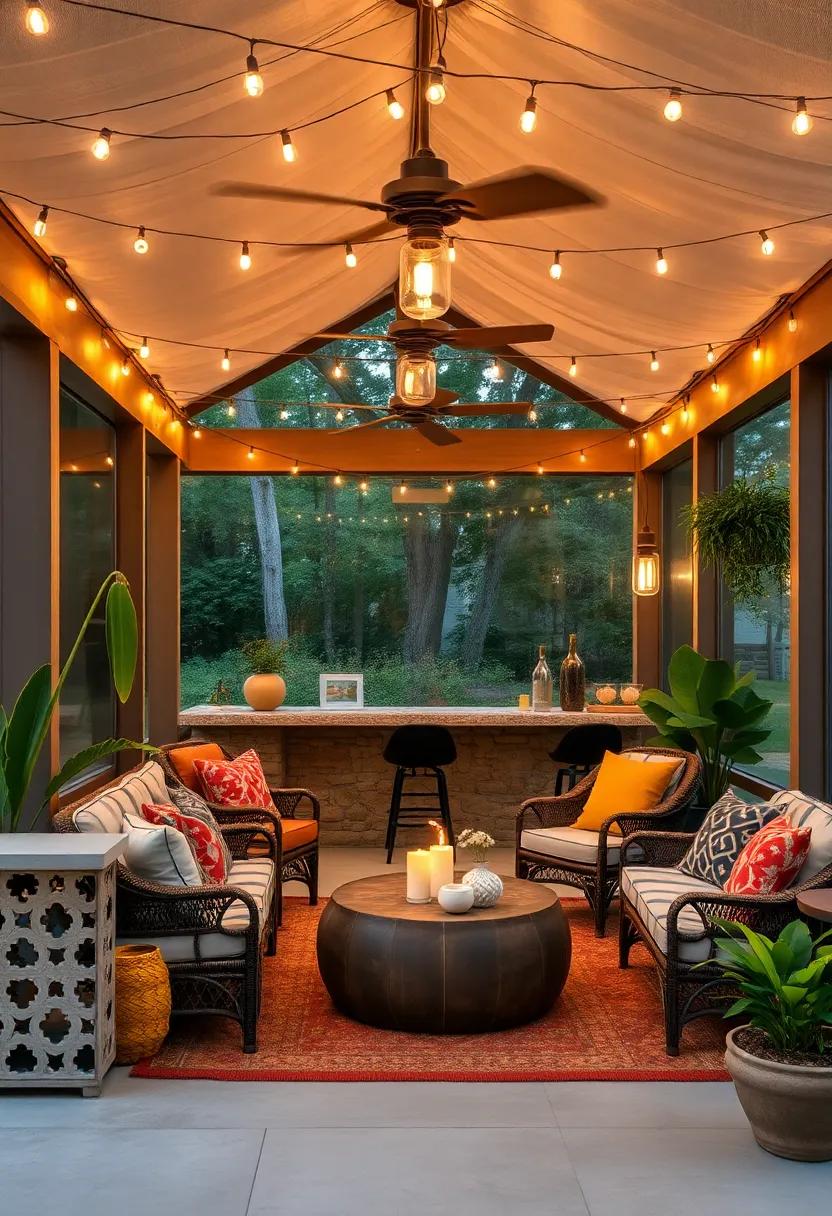 Bohemian Bliss: Embracing a relaxed vibe, ⁢this bohemian-style screened‌ porch bar is adorned with⁣ colorful textiles ‌and eclectic string lights ⁤that invite friendly gatherings under a creative canopy