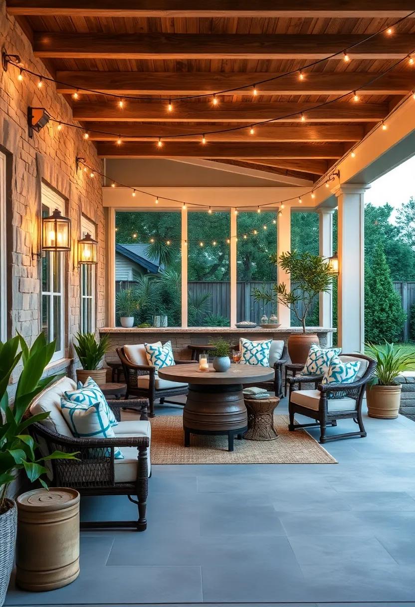 Garden Party Style: Perfect for⁤ entertaining, this screened​ porch bar is​ festooned⁢ with bright​ string lights and ​colorful decorations, evoking joyful garden party vibes for endless celebrations