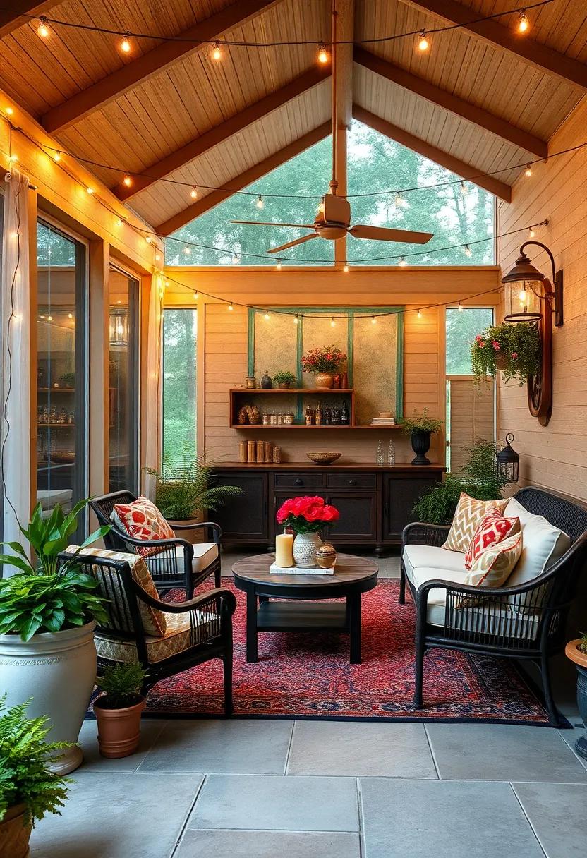 Vintage Charm: Step back ‌in time as you ⁣surround⁣ yourself with‌ antique⁣ furnishings and an array of delicate string lights that embellish this charming,vintage-themed screened ⁤porch bar