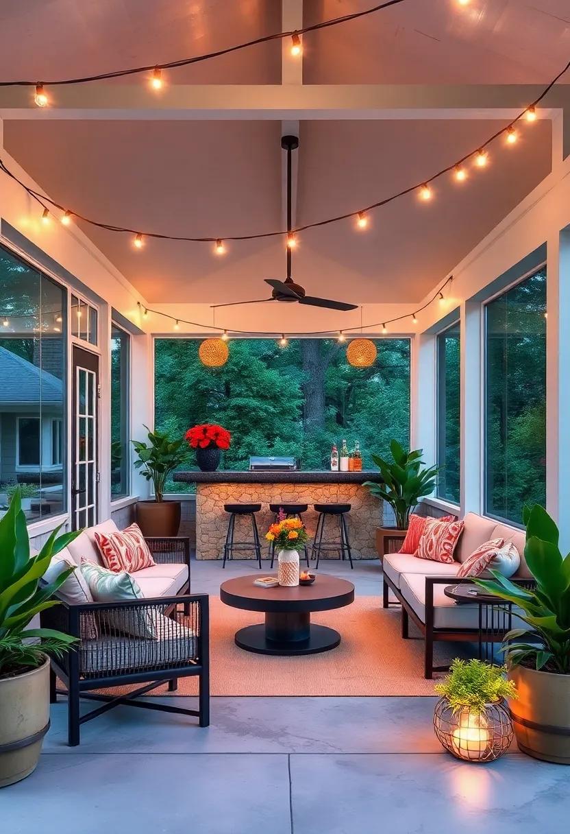 Modern Minimalism: Clean lines and simple furnishings characterize this contemporary screened porch bar, where sleek string lights add just​ the right touch of ⁢warmth to a‌ minimalist design