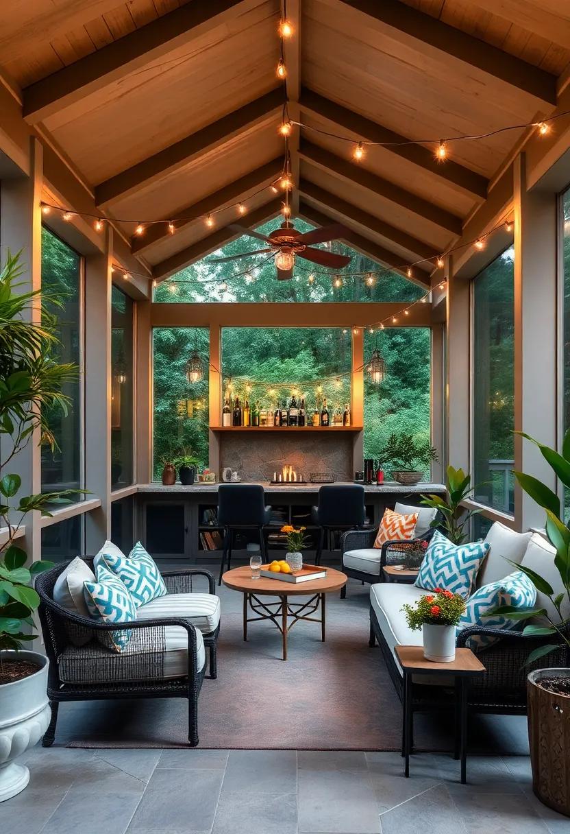 Elegant soiree: ‍A touch of glamour defines this sophisticated screened porch‍ bar, where elegant string lights⁣ hang gracefully, setting a ‍refined ‌atmosphere for intimate dinner ‍parties