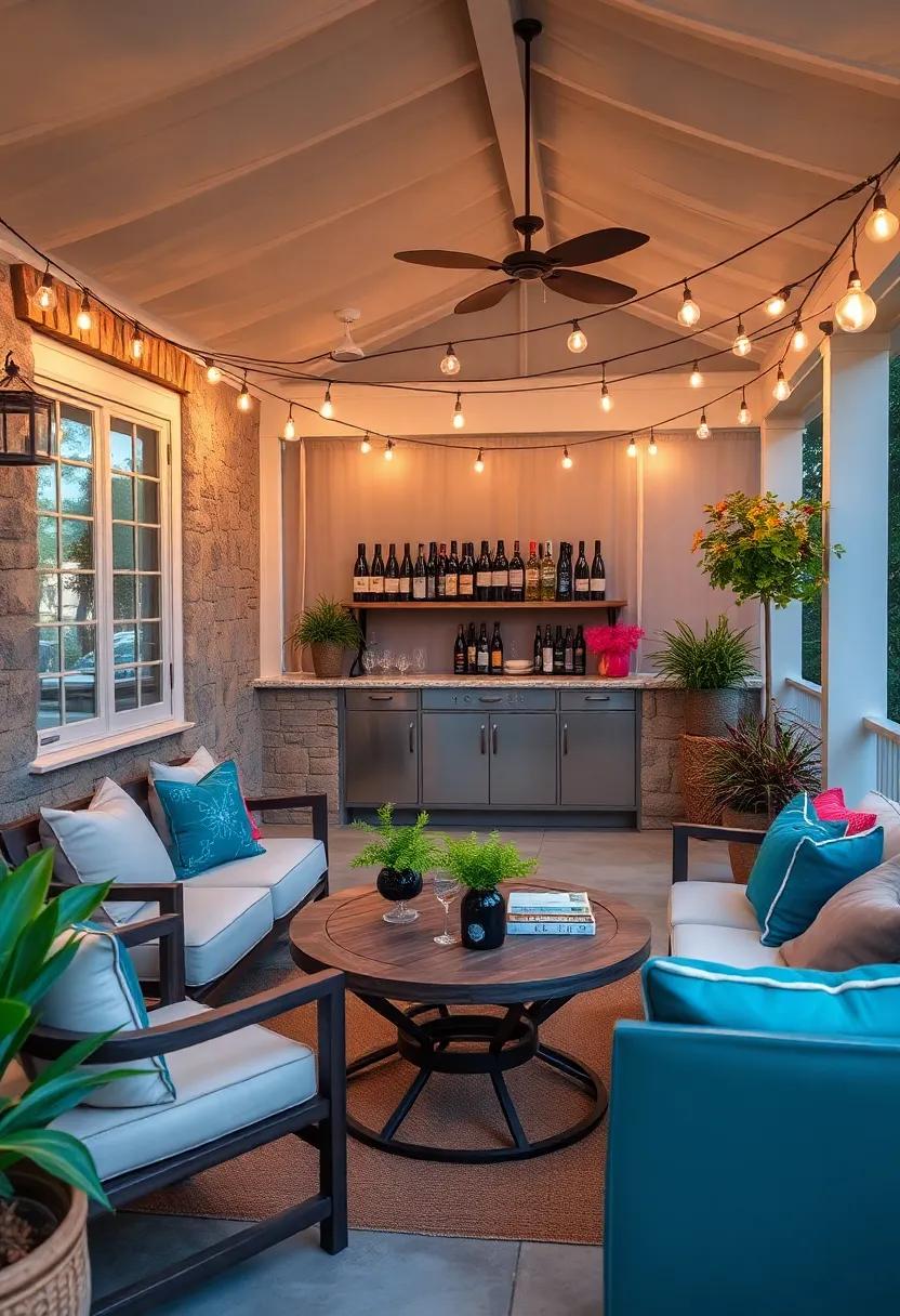 Chic Wine⁣ Lounge: This elegant screened porch ⁤bar, tailored for wine⁣ enthusiasts, features a curated collection of wines and luxe string ⁤lights that set a sophisticated mood for ‍intimate tastings