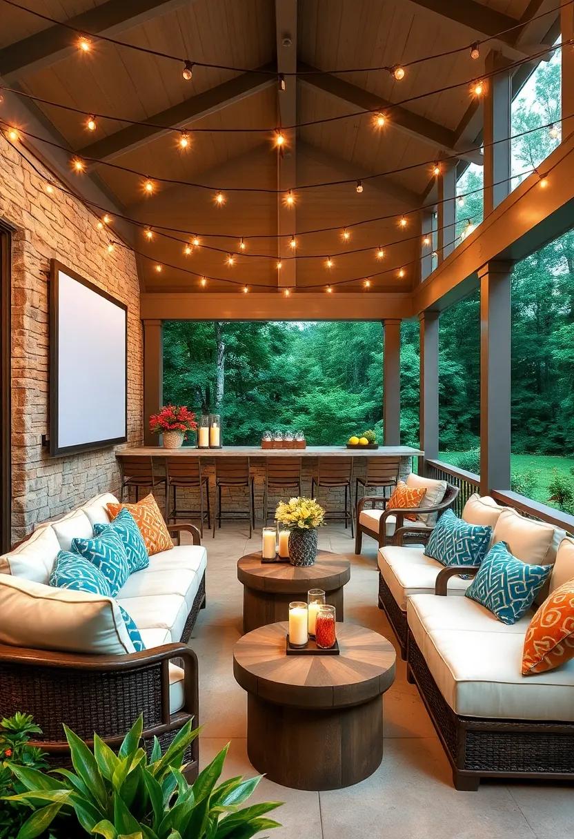 Outdoor theater:​ Combining ⁤comfort and fun, this screened porch ​bar offers‌ cozy seating ⁤with retractable ‍screens for⁢ movie ‌nights,⁢ all enhanced by enchanting string lights overhead